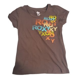 Roxy women’s brown short sleeve tee - multi color logo - size small